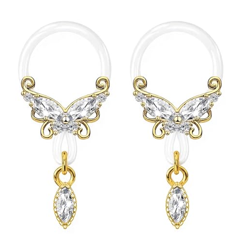 2 Pcs Butterfly Fake Nipple Rings for Women, CZ Nipple Noose Nipple Jewelry Non Piercing Dangle Nipple Ring, Non Pierced Nipple Body Jewelry - color: gold