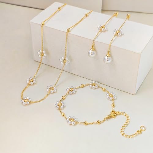 Zeffy Gold Pearl Necklace for Women, Dainty 14K Gold/Silve Plated Layered Pearl Choker Pearl Earrings Pearl Bracelets Wedding Trendy Gold Jewelry Set for Women Gifts - style: Gold Daisy Pearl Necklace&Drop Earrings&Bracelet-3PCS