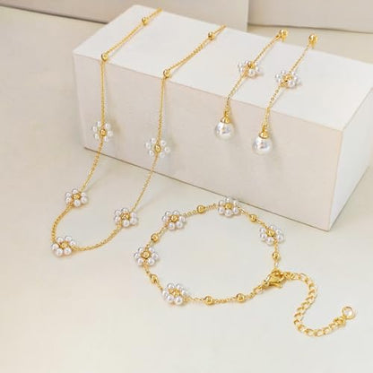 Zeffy Gold Pearl Necklace for Women, Dainty 14K Gold/Silve Plated Layered Pearl Choker Pearl Earrings Pearl Bracelets Wedding Trendy Gold Jewelry Set for Women Gifts - style: Gold Daisy Pearl Necklace&Drop Earrings&Bracelet-3PCS