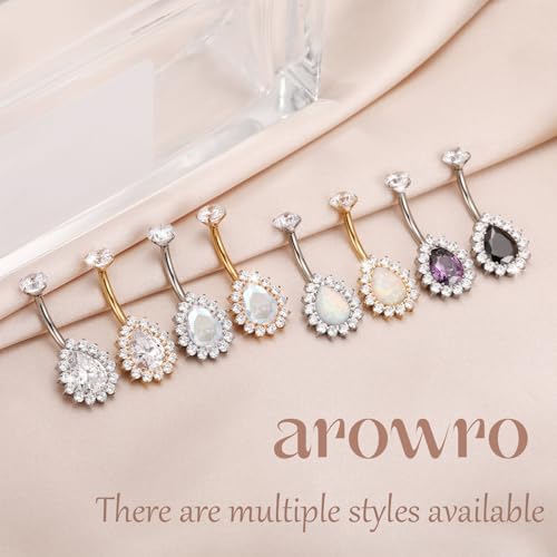 AROWRO Gold Belly Button Ring G23 Titanium Hypoallergenic 14G belly ring for Women Men Teardrop Navel Piercing Jewelry 10mm Barbell With Cubic Zircon - color: Sliver+Clear CZ