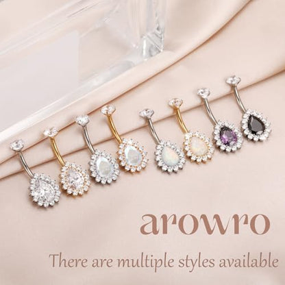 AROWRO Gold Belly Button Ring G23 Titanium Hypoallergenic 14G belly ring for Women Men Teardrop Navel Piercing Jewelry 10mm Barbell With Cubic Zircon - color: Sliver+Clear CZ