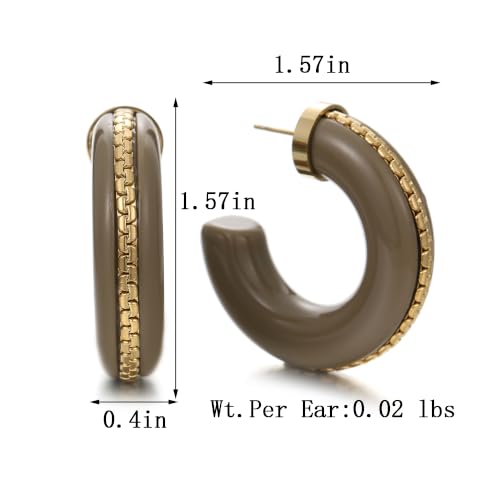 Gold Plated Resin Chunky Hoop Earrings Hypoallergenic Push Back Hoops for Sensitive Ears - color: taupe