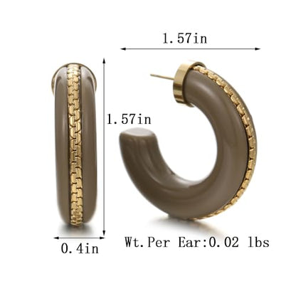 Gold Plated Resin Chunky Hoop Earrings Hypoallergenic Push Back Hoops for Sensitive Ears - color: taupe