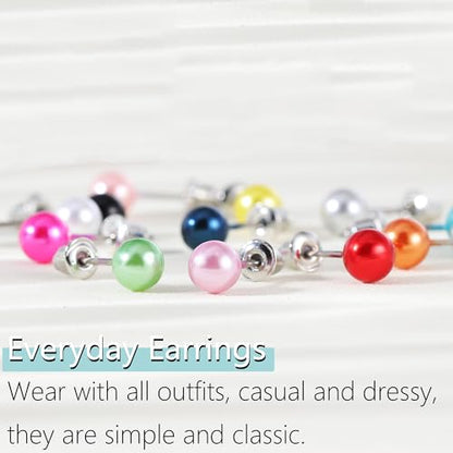 12 Pairs Colorful Pearl Stud Earrings for Women Stainless Steel Small Studs Set - color: Pearl: 8mm