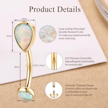 GAGABODY G23 Titanium Eyebrow Rings 16G Curved Barbell Lip Ring Rook Earrings for Women Belly Ring Vertical Labret Jewelry Tragus Helix Daith Earring Belly Piercing - color: 1Pc-Waterdrop Shape Gold+White Opal
