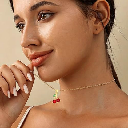 MALOYANVE Red Cherry Jewelry Set for Women 18K Gold Plated Sweet Fruit Dainty Cubic Zirconia Cherry Earring Necklace and Bracelet Summer Tropical Charm Accessories - color: Gold