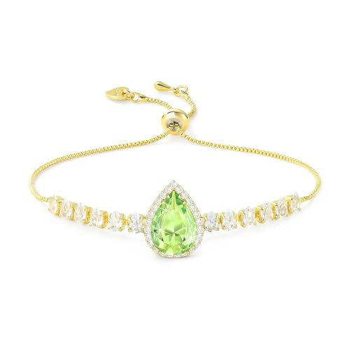 Linawe Crystal Imitation Diamond Rhinestone Charm Bracelets for Women, Gold/Silver/Rose Gold Adjustable Chain Bracelet, Teardrop Birthstone Cubic Zirconia Prom Costume Wedding Jewelry - color: Gold,August