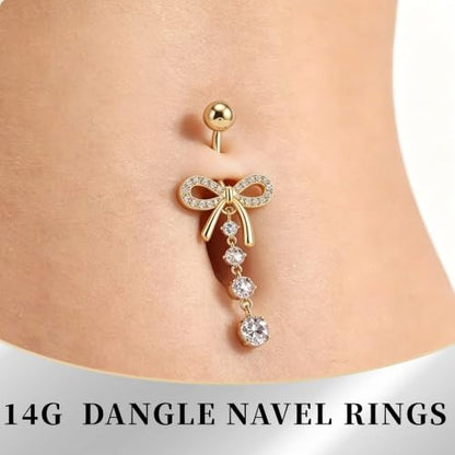 G&O JFU 9 Pcs Belly Button Ring Dangle Hypoallergenic Surgical Stainless Steel Heart Flower Pearl Bow Dangly Belly Rings for Women 14G Clicker Floating Navel Piercing Jewelry - color: Gold Clear