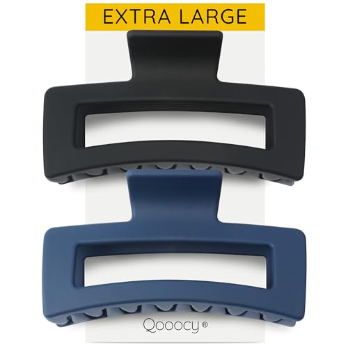 XXL Jumbo Rectangle Claw Clips for Thick Hair - Strong Hold Hair Clips | Rectangle Design | Matte Finish | Non Slip | Wide Opening | 2 Pack (Black & Navy) - color: Black & Navy