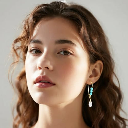Natural Waterdrop Stone Drop Earrings,Gold Plated Real Genuine Teardrop Crystal Quartz Gemstone Pin Hoop Earrings Hooks Statement Dangle Dangling Earrings for Women Her - color: A04_White Agate