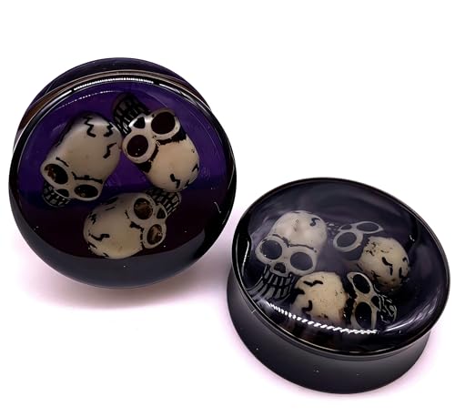 KUNIU Skull Black Acrylic Ear Plugs Gauges, Gothic Punk Style, Double Flared Screw-Fit Tunnels, 16 Gauge, Round Shape, Unisex Body Piercing Jewelry - size: 16mm