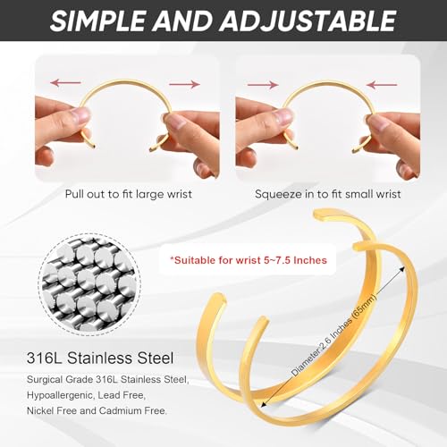 Stainless Steel Mens Cuff Bracelet : Minimal Cool Silver/Black/Gold Plated Open Metal Cuff Bangle Bracelets for Men,Mens Bracelet Jewelry Gift - color: Gold Plated-2-Pack, size: Medium( fit 5.5"-7.2" wrist)