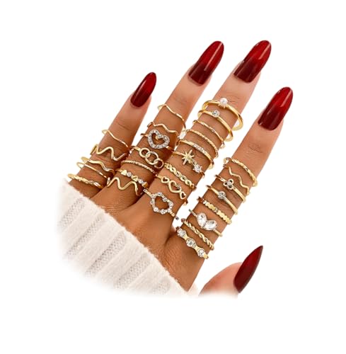 19-36 Pcs Gold Boho Knuckle Rings Set for Women, Vintage Stackable Dainty Joint Finger Gold Jewelry Set with Love Pearl and Sparkling Crystals - color: Gold-28PCS