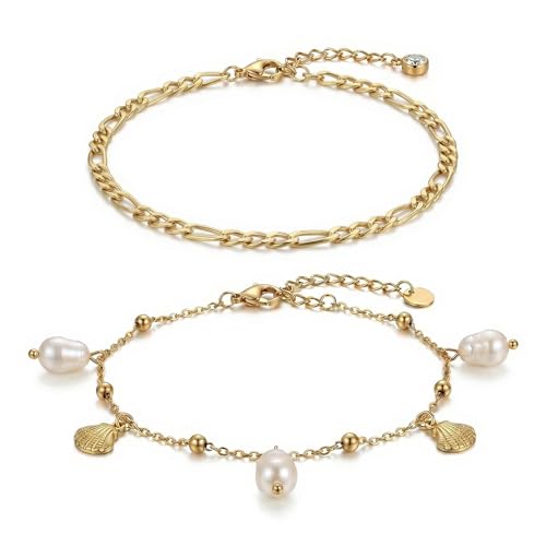 Dainty Gold Shell Pearl Ankle Bracelets for Women, Trendy Anklet Stack Charm Bracelet Adjustable Chain Summer Ocean Beach Accessories Fashion Jewelry Gift - color: Figaro Chain