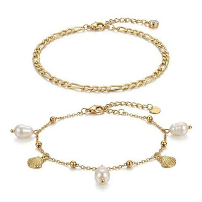 Dainty Gold Shell Pearl Ankle Bracelets for Women, Trendy Anklet Stack Charm Bracelet Adjustable Chain Summer Ocean Beach Accessories Fashion Jewelry Gift - color: Figaro Chain