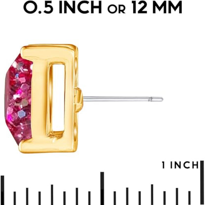 Large Square Stud Earrings for Women - Big Sparkly Rhinestone Studs | Plated in Gold Tone or Silver Tone, Hypoallergenic and Safe for Sensitive Ears - color: Hot Pink Glitter