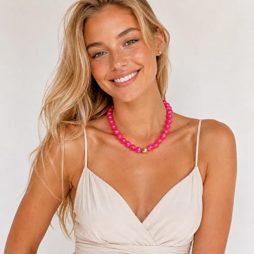 Colorful Chunky Beaded Necklaces for Women Multicolor Large Round Resin Beads Collar Necklace Boho Trendy Statement Chokers Y2K Summer Beach Jewelry - color: Hot Pink