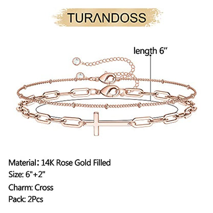 Dainty Gold Bracelets for Women, 14K Gold Plated Adjustable Layered Beads Bracelet Cute Evil Eye Oval Chain Pearl Bar Turtle Gold Bracelets for Women Jewelry - style: Beads Chain&Cross-Rose