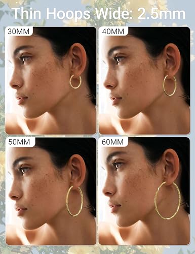 2.5MM Thin Gold Hoop Earrings for Women Hypoallergenic Sterling Silver Post Hoop Earrings Lightweight Large Big Twisted Gold Hoops Earrings 30MM/40MM/50MM/60MM - color: 30MM Gold