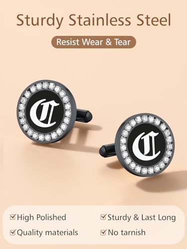 FindChic Stainless Steel Round Cufflinks with Custom Text/Picture/Monogram Letters 18K Gold Plated/Black Color for Men Groom Suits Shirts, with Gift Box - style: 03. CZ custom letters (black)