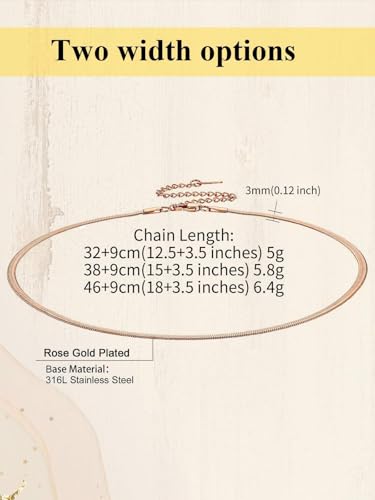 ChainsHouse Flat Snake Chain Herringbone Choker Necklace for Women, Stainless Steel/Rose Gold/18K Gold Plated Dainty Adjustable Simple Short Layered Necklaces, 12"/15"/18" with 3.5" Extender - color: a. rose gold-3mm