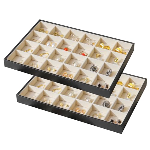 Large Jewelry Organizer Tray for Drawer Inserts 2 Pack | Stackable Jewelry Storage PU Leather Velvet Jewellery Display Case for Earring Bracelet Necklace (Black Beige, 24 Grids) - color: Black Beige, size: 24 Grids