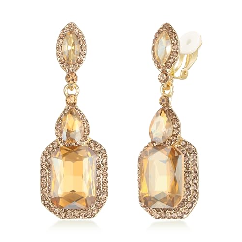 Women's Wedding Bridal Crystal Emerald Cut Infinity Figure 8 Chandelier Clip-On Dangle Earrings - color: Champagne Gold-Tone