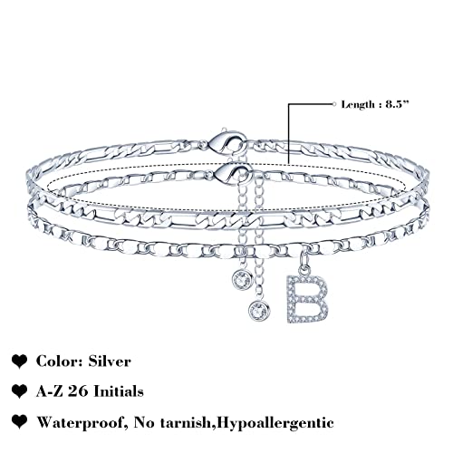 Ursteel Ankle Bracelets for Women, 14K-Gold-Plated Dainty Layered Chain CZ Initial Anklets Set Summer Jewelry Gifts for Women - style: B-Silver-Plated
