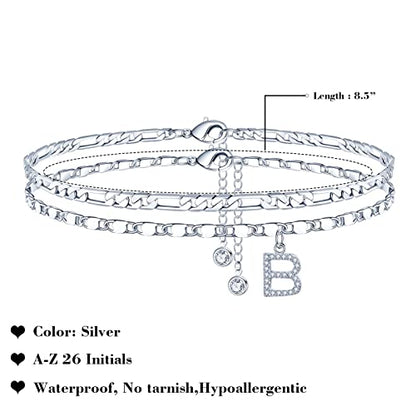 Ursteel Ankle Bracelets for Women, 14K-Gold-Plated Dainty Layered Chain CZ Initial Anklets Set Summer Jewelry Gifts for Women - style: B-Silver-Plated