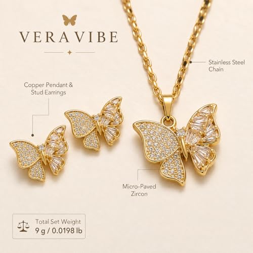 14K Gold Plated Butterfly Necklace and Earrings Set for Women | Dainty Cubic Zirconia Inlaid, Minimalist Stainless Steel Chain Choker, Elegant Trendy Jewelry Gifts