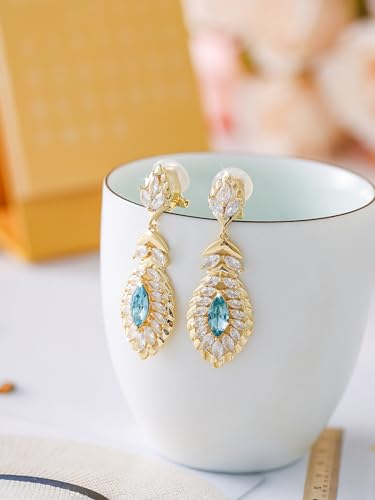 Clip On Crystal Dangle Non Pierced Earrings for Women 14K Gold Plated Jewelry - color: May-Emerald-Rose Gold