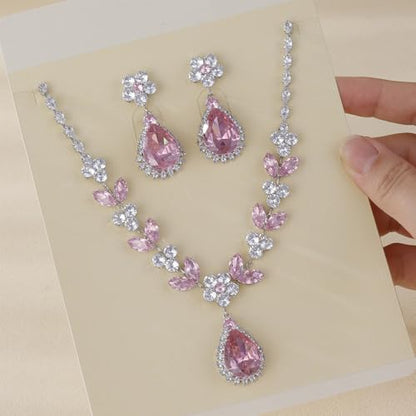 OIDIMS Elegant Teardrop Flower Leaf Wedding Bridal Jewelry Set for Women Ladies Cubic Zirconia Pendant Choker Necklace Drop Dangle Earring Fashion Evening Party Formal Costume Accessories Jewelry - color: Pink