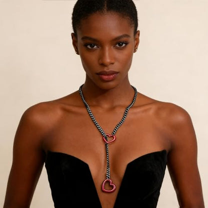 MIFYNN Heart O ring Slip Chain Necklaces for Women Stainless Steel Cuban Chain Bar Necklace Punk Rock Collar Necklace Handmade Adjustable Lariat Y Necklaces for Men - color: Black+Red