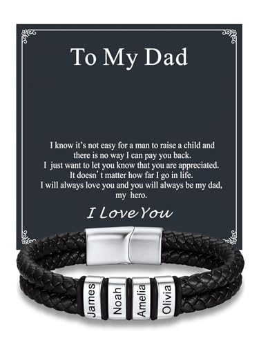 Custom4U Personalized Braided Leather Bracelet for Men with Name Engraved | 1-5 Name Engraving, Stainless Steel Bead, 7.5/8.3/9 Inch Black Leather, Gift Design for Men with Custom Keepsake Cards - color: 01-Steel Color-To My Dad, size: 4 Names