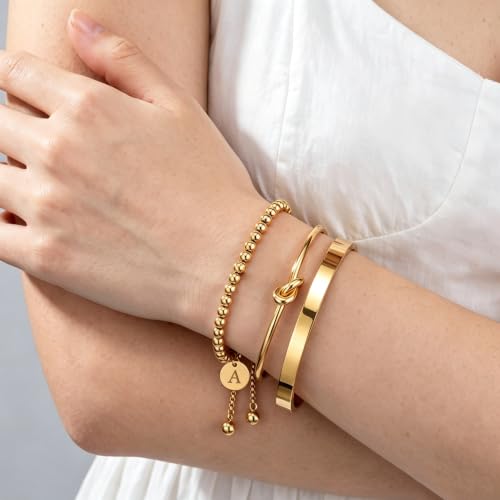 Waterproof Non Tarnish PVD 18K Gold Plated Stainless Steel Beaded Bracelets for Women, Hypoallergenic Dainty Initial Letter Charm Beaded Stackable Adjustable Bracelets, Love Knot Oval Bangles Single & Gift Sets Birthday Jewelry for Her - color: gold-A-3pc