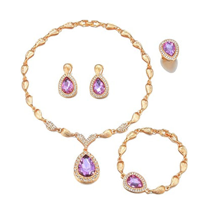 Womens Luxury Africa Dubai 18k Gold Plated Jewelry Sets Wedding Rhinestone Crystal Bib Statement Necklace Earrings Set for Brides Party Prom - color: Purple
