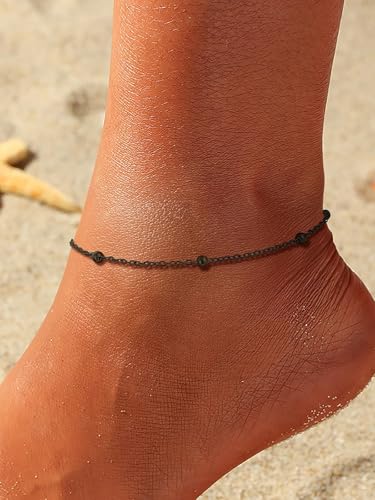 U7 Ankle Bracelets for Women Stainless Steel Waterproof Tarnish Resistant | 18K Gold Plated/Silver/Rose Gold Anklets,Cuban Chain Anklet Bracelets, Perfect for Summer Beach and Vacation Outfits - color: Black-Bead Chain