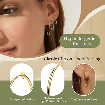 Magitaco 8 Pairs Clip On Hoop Earrings Stainless Steel Clip On Earrings for Women Fake Hoop Earring Spring Hoop Earring For Non-Pierced Ears - color: C:Sliver Tone+Gold Tone