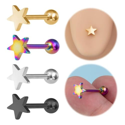 4Pcs 14G Stainless Steel Tongue Rings for Women Simple Heart Star Maple Leaf Tongue Ring Straight Bar Tongue Barbell Hypoallergenic Tongue Piercing Jewelry - style: Star