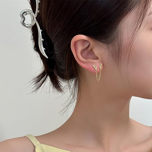 Cute Tiny Butterfly CZ Double Piercing Huggie Small Stud With Short Chain 925 Sterling Silver Cuff Wrap Earrings for Women Cartilage Two Holes Animal Dangle Drop Hypoallergenic - color: Gold
