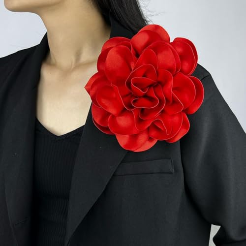 Dainty Satin Fabric Rose Flower Brooches 7.5in Extra Large Big Camellia Flower Brooches Lapel Pins for Women Wedding Party Dance Dress Clothes Accessories - color: Red