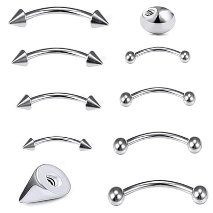 8-Piece Set 16G Eyebrow Rings & Vertical Labret Lip Jewelry, Steel Curved Barbell Piercing Jewelry for Women Men