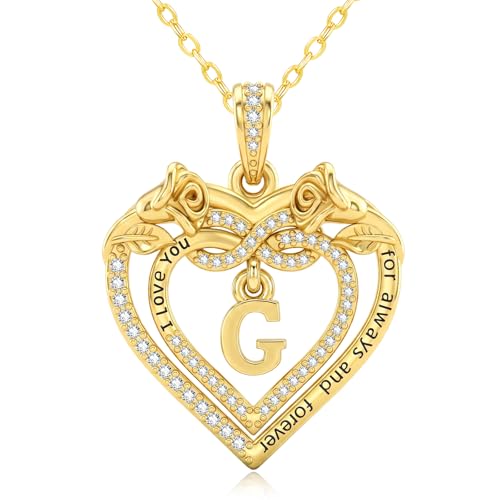 14K Gold Initial Letter Rose Heart Pendant Necklace for Women, Anniversary Birthday Jewelry Gifts for Wife Mom Grandma Sister Daughter, I Love You for Always And Forever - style: 14K Gold-G