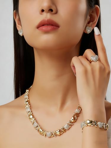Women's Gold wedding Jewelry Set Tricolor Hugs Kisses Heart necklace set - color: heart Gold 75