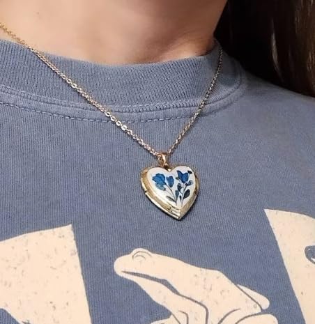 Handmade Dried Pressed Flower Heart Shaped Photo Locket Pendant Necklace - color: Gold, style: Customized pattern with photo