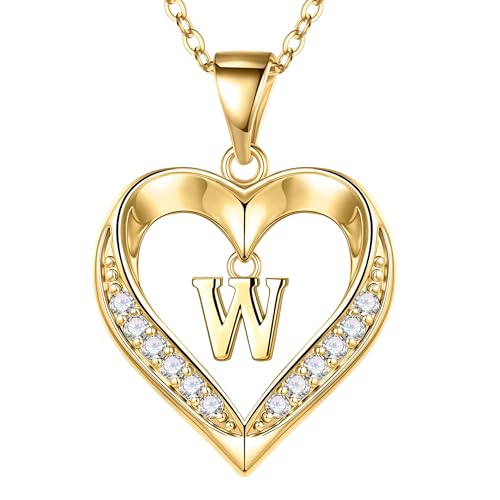 Turandoss Heart Initial Necklaces for Women - Dainty 14K Gold Plated CZ Heart Pendant Necklace with Tiny Letter A-Z, Non Tarnish Waterproof Trendy Jewelry Gifts for Mom Wife Girlfriend - color: Gold, style: W