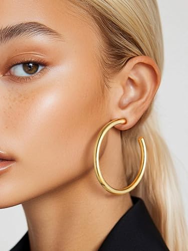 PROSTEEL Chunky Hoop Earrings for Women 14K Gold Plated/Black/Silver | 20/30/40/50/60/70/80mm Stainless Steel Thick Big Round Hoop with Waterproof and Non Tarnish Trendy Jewelry with Gift Box - color: 2. Gold, size: 60MM