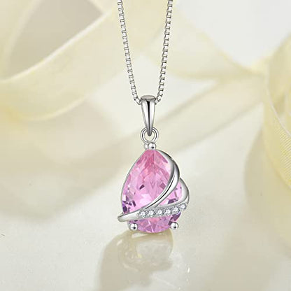 Birthstone Pendant Necklace 925 Sterling Silver Teardrop Jewelry for Women - color: Pink
