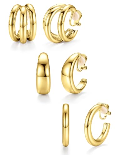 Giovanchi 3Pairs Clip on Earrings for Women with Non-Pierced Ears - Trendy Hypoallergenic 14K Gold Plated Chunky Tube Croissant Waterdrop Clip on Hoop Earrings - style: B-Gold