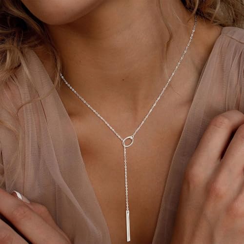 Lariat Necklace for Women, Dainty 14K Gold/Silver Plated Long Necklaces for Women Trendy Simple Layered Y-Shaped Pendant Necklace Adjustable Fashion Jewelry Gift - color: Silver, style: Bar Pendant